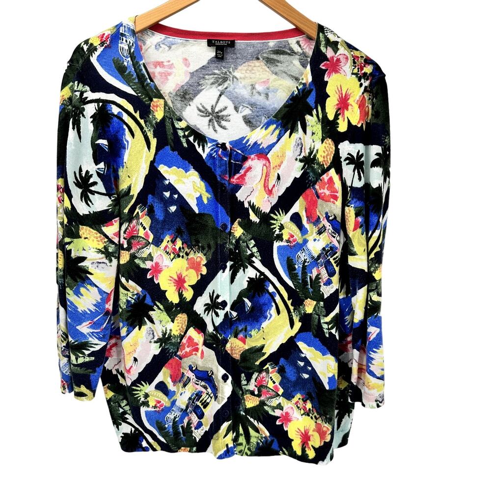 Talbots Sweater Womens Petite 2X 2xp Tropical Knit Button Up 3/4 Sleeve Coastal